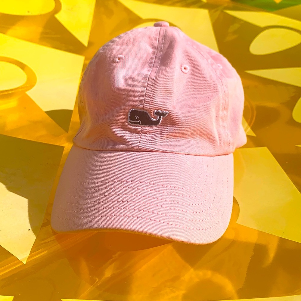 Vineyard Vines women’s baseball hat. Pink with blue whale on front/name on back
